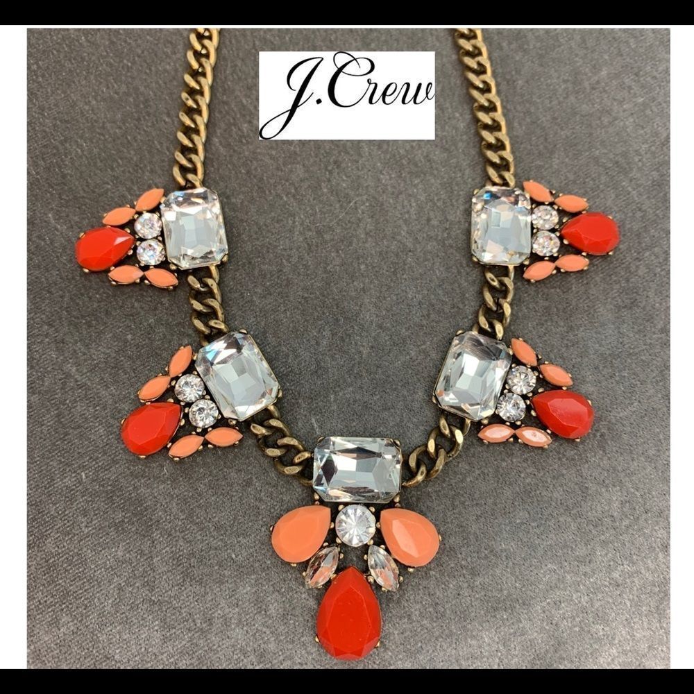 J.crew coral red pink peach clear gem jewelled gold-tone chain link necklace